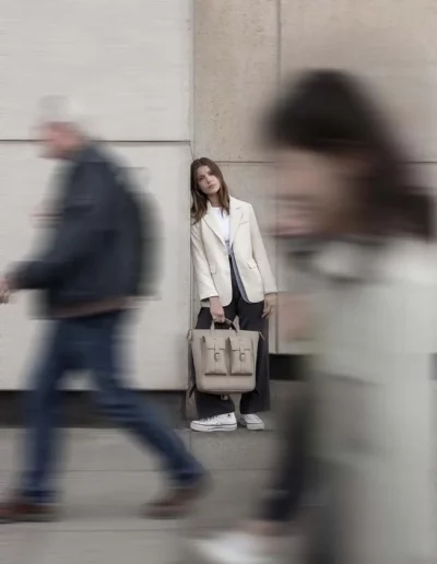 model wearing a luxury leather backpack - photographed by London fashion photographer for brand campaign